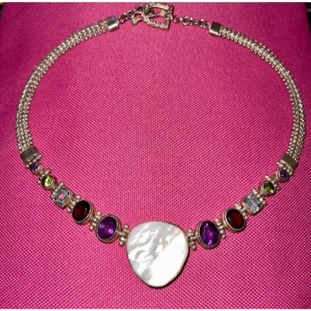 Gorgeous Multigemstone 18" Sterling Silver Pendant with Mother of Pearl 65 grams